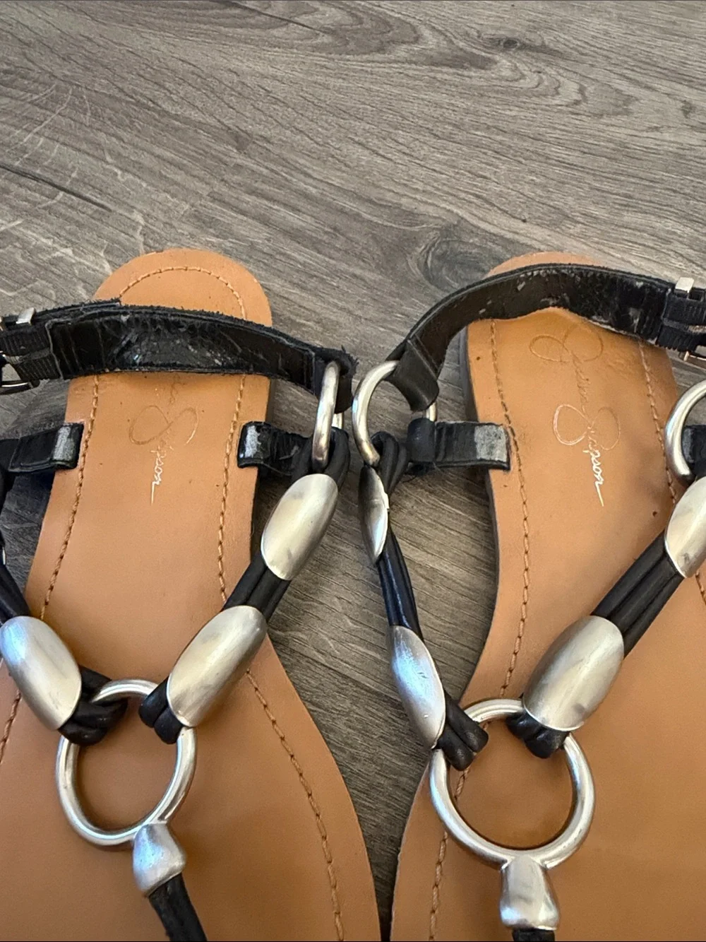 Jessica Simpson Black Strappy Sandals with Tan Footbed- Size 9.5